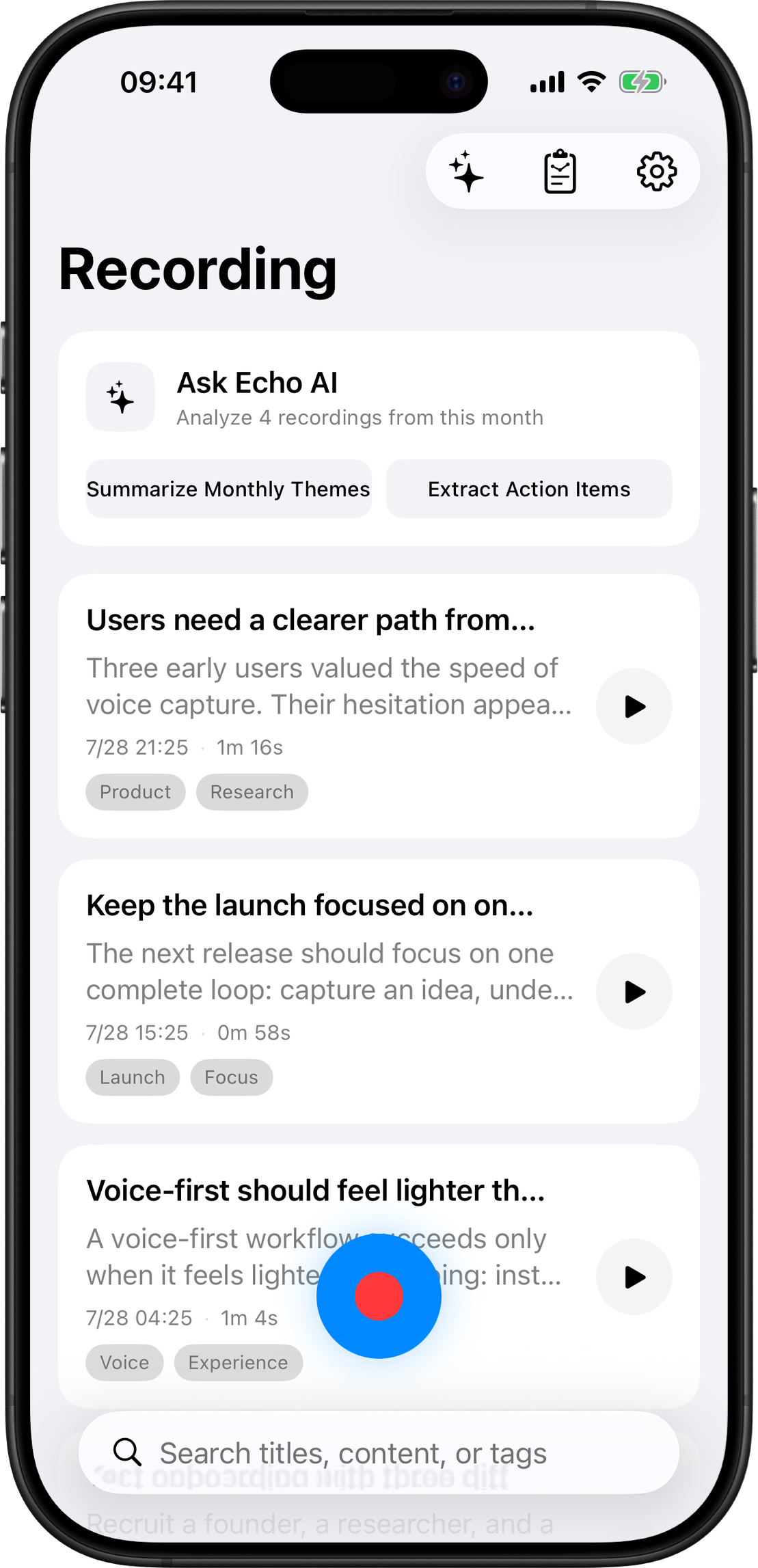 EchoNote recording library with Ask Echo AI