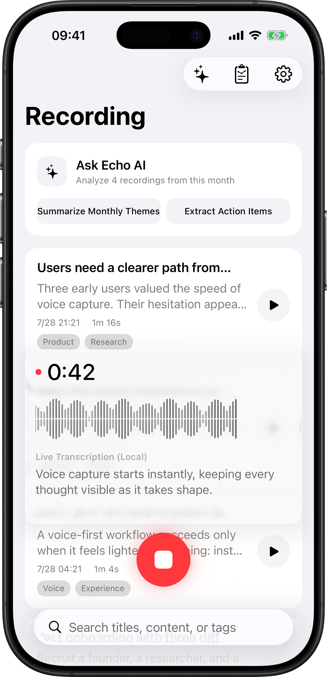 Live recording with real-time waveform and on-device transcription