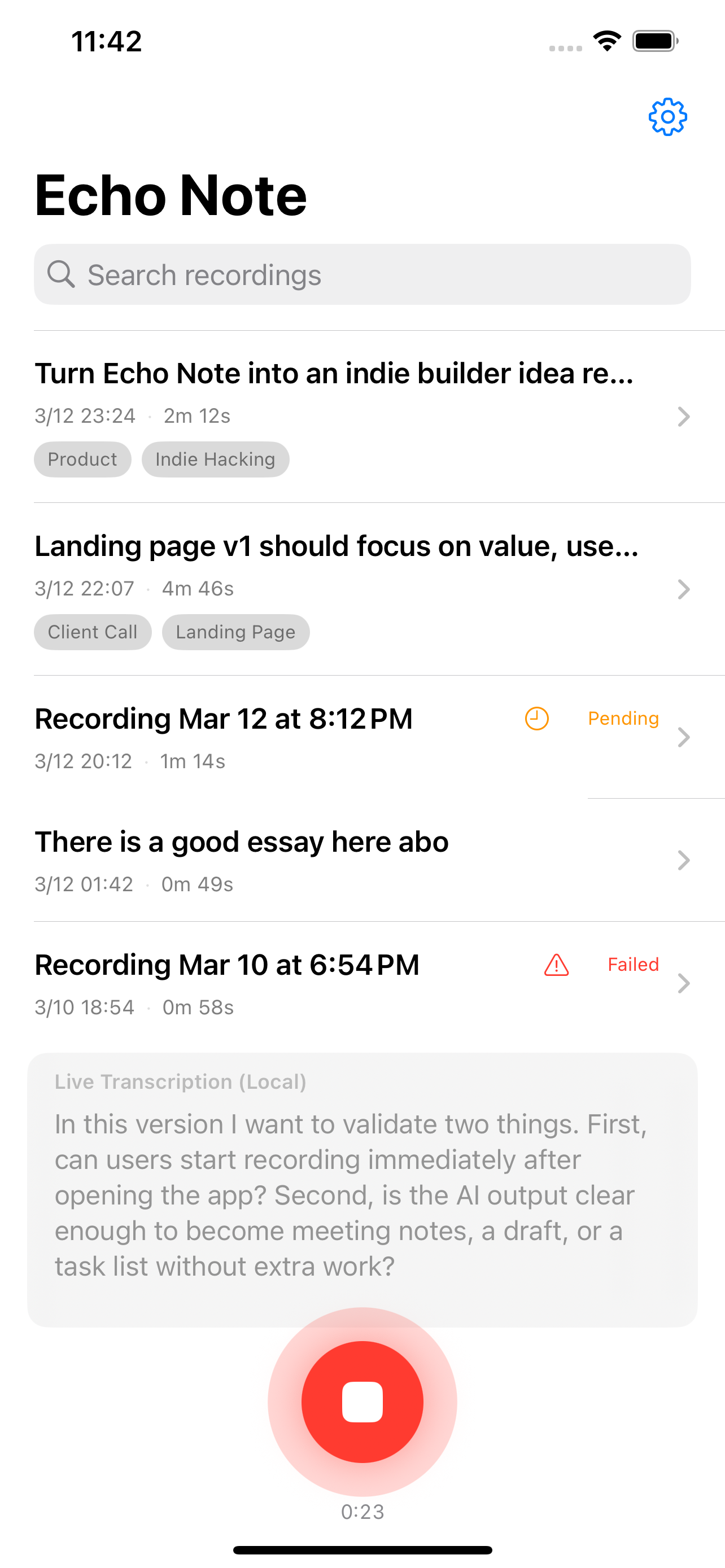 EchoNote recording list
